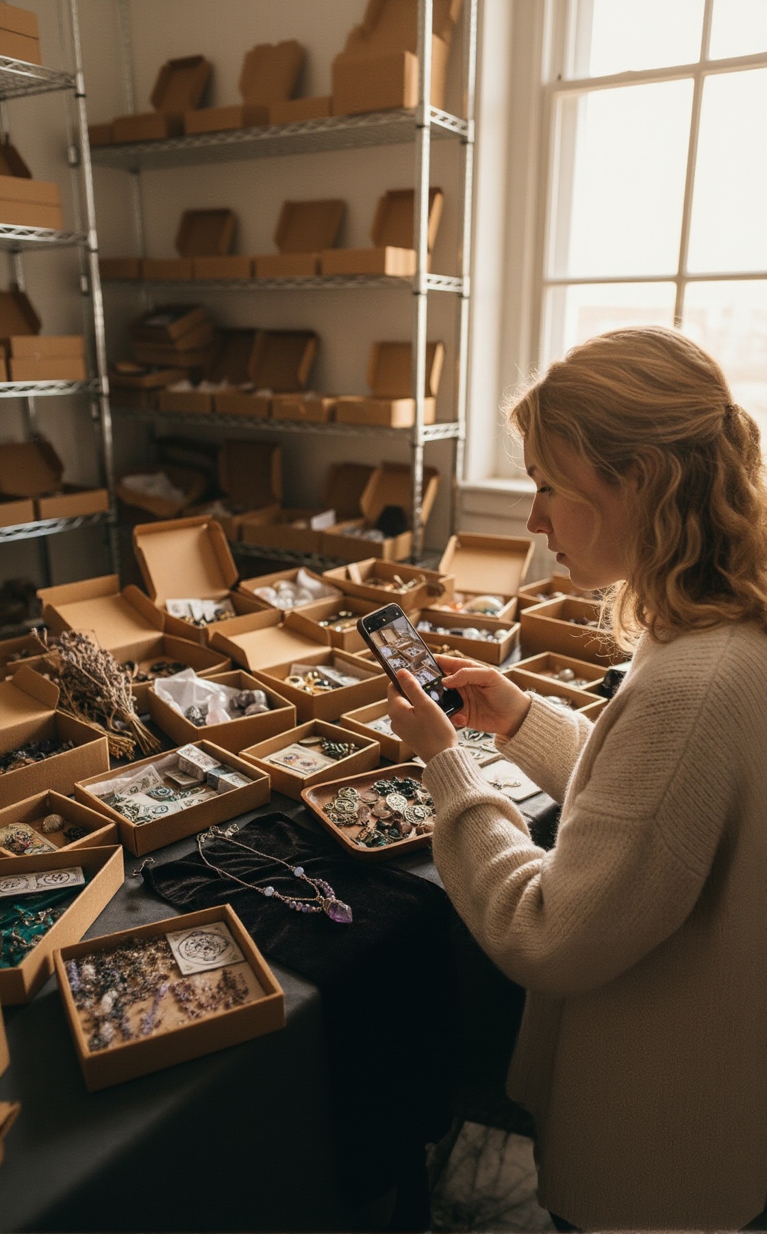 Una mujer fotografiando joyas artesanales con su móvil para su tienda online.